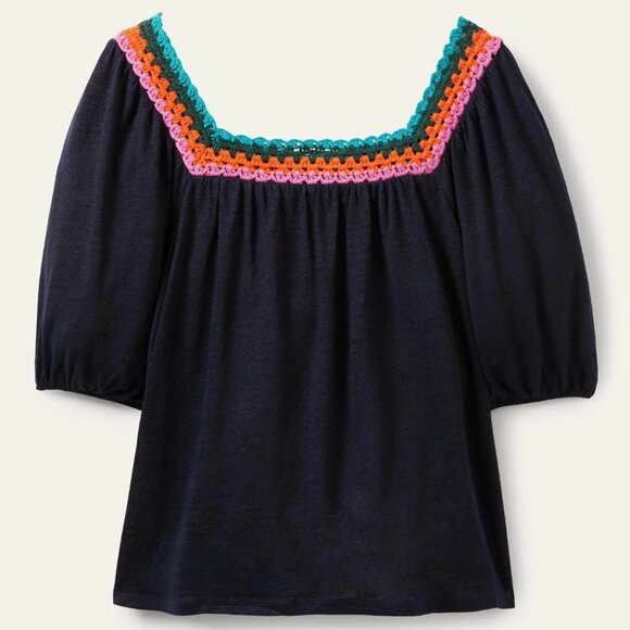 Boden Linen Square Neck Crochet Trim Top Size 10 Puff Sleeve Coastal Boho Chic - Picture 1 of 9